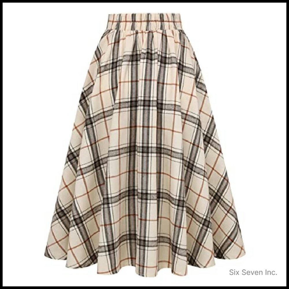 Plaid Midi Skirt High Waist A-Line Pleated Vintage Y2K Chic Casual - Picture 4 of 8